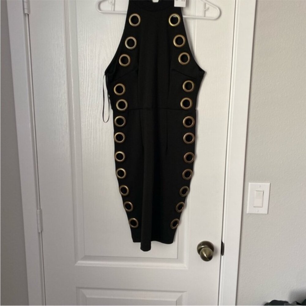 Black Mini Dress with Gold Eyelet Accents